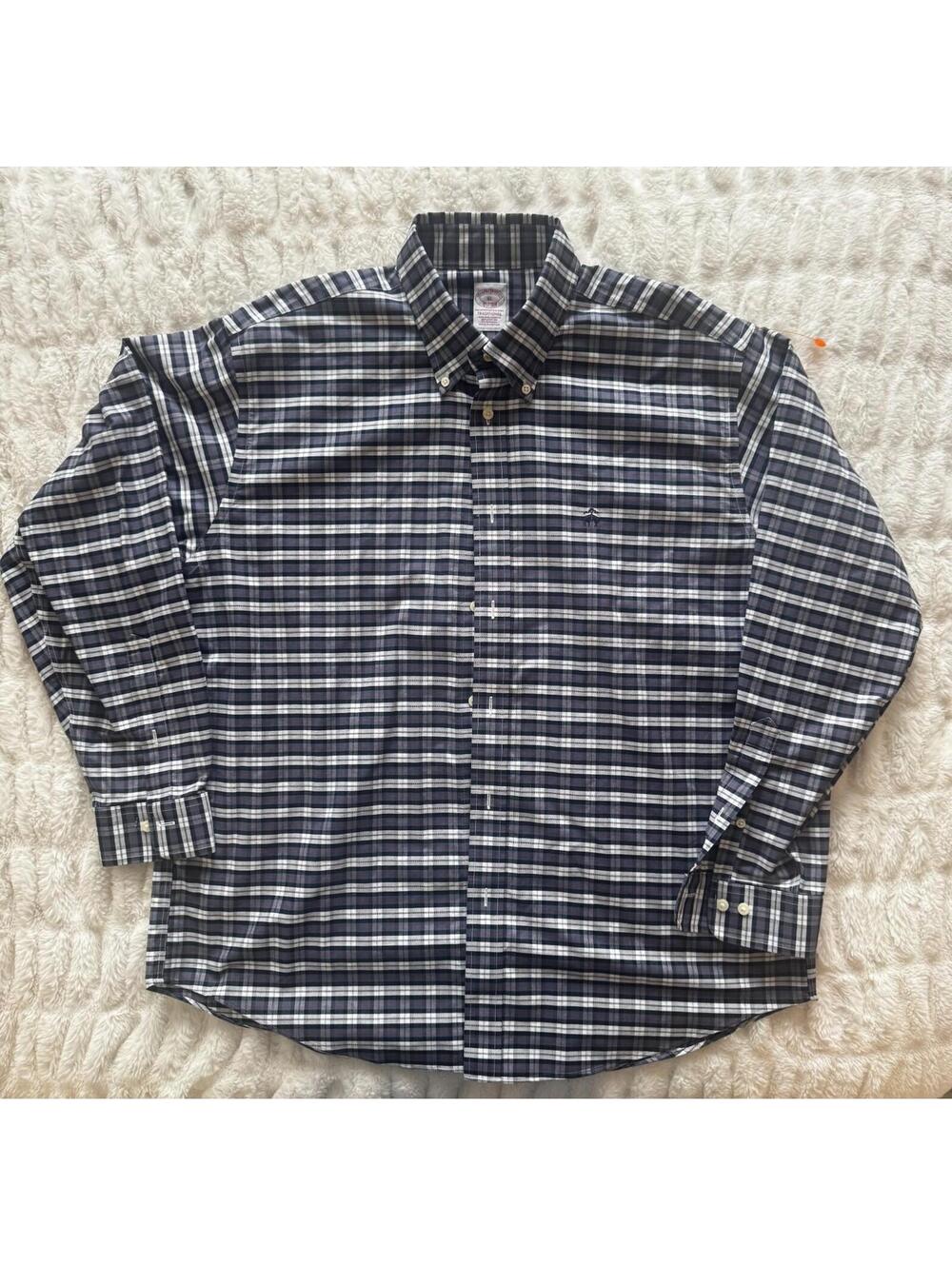 Brooks Brothers XL Plaid Button Down Shirt Non Iron Stretch Cotton Blue White Me